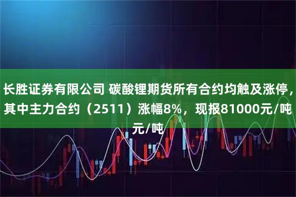 长胜证券有限公司 碳酸锂期货所有合约均触及涨停，其中主力合约（2511）涨幅8%，现报81000元/吨